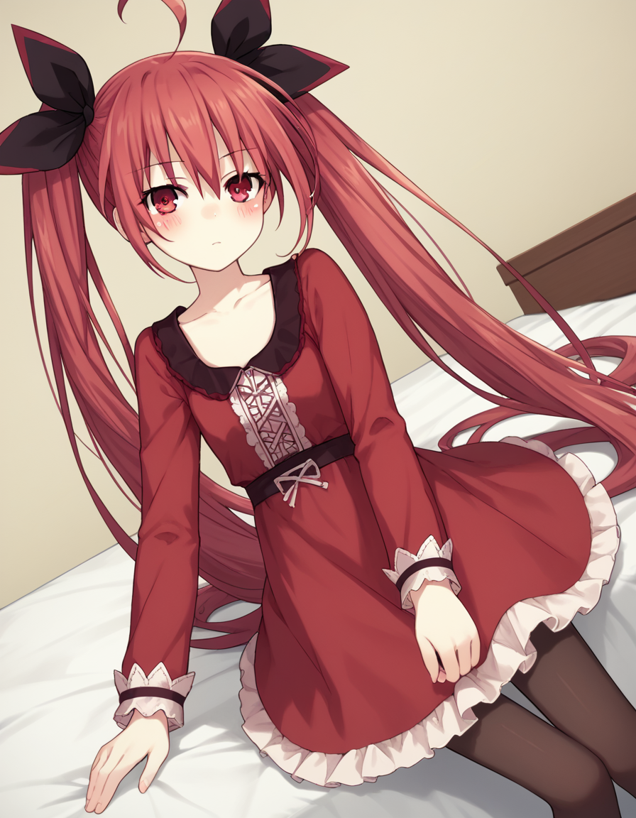 score_9, score_8_up, score_7_up, source_anime,
kotoriitsuka, <lora:kotori-itsuka-lightnovel-ponyxl-lora-nochekaiser:1>,
kotori itsuka, long hair, red eyes, twintails, very long hair, red hair, ahoge, ribbon, hair ribbon,
dress, collarbone, pantyhose, red dress, frills, long sleeves,
indoors, bed, bed room, on side, blush, drunk,
looking at viewer, solo, cowboy shot, dutch angle,