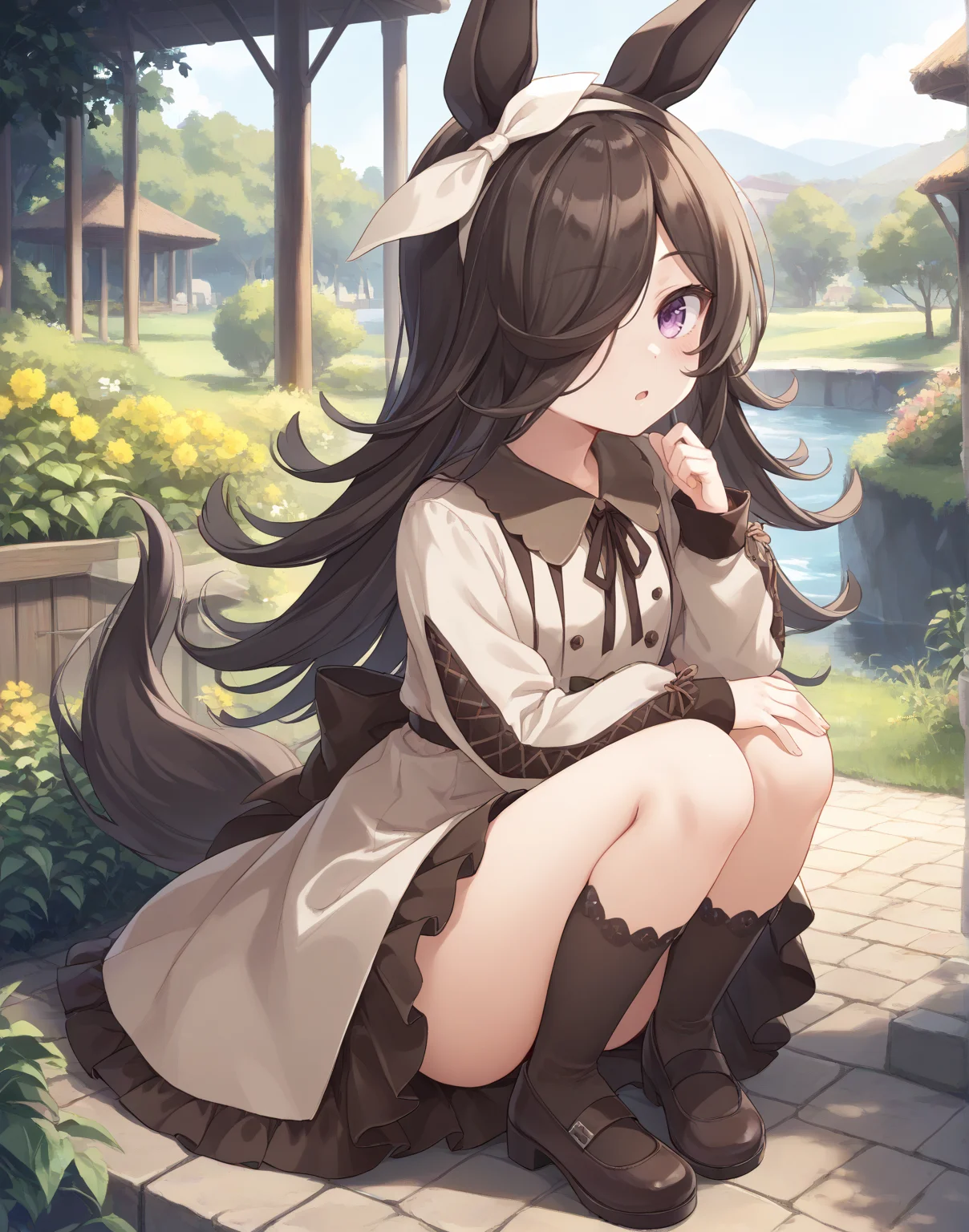 score_9, score_8_up, score_7_up, official art, masterpiece, high quality, megami magazine, official style, game cg, 1girl, (looking at viewer:1.4), (open mouth:1.0), , expressionless, blush, Sitting with one knee up, hand on knee, from behind, patterned background,,
rice shower (umamusume), animal ears, bangs, blush, brown hair, eyebrows visible through hair, hair over one eye, horse ears, horse girl, horse tail, long hair, tail, violet eyes, <lora:umamusume_rice_shower_pony_v1:1>,
rcs casual, bow, brown dress, brown ribbon, casual, collared dress, dress, frilled dress, frills, hair bow, hair ribbon, hairband, long sleeves, puffy long sleeves, puffy sleeves, ribbon, white hairband,
,