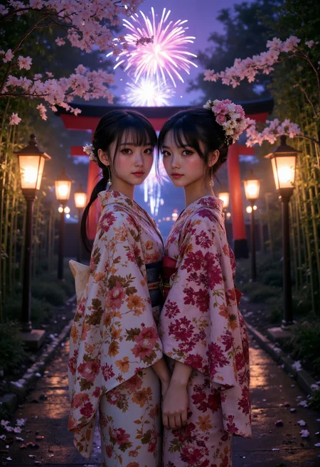 Full body photo, photorealistic, side view, looking at camera, of two slender and petite Japanese girls, 18-years-old, with fair skin, gentle features, long eyelashes, dark green eyes.
They are dressed with kimono with intricate floreal pattern. 
They are wlaking side by side, talking, towards a temple under a red torii in a bamboo forest at night. The path il illuminated by torches.
Their bodies are framed by cherry blossoms.
Fireworks exploding in the distance.