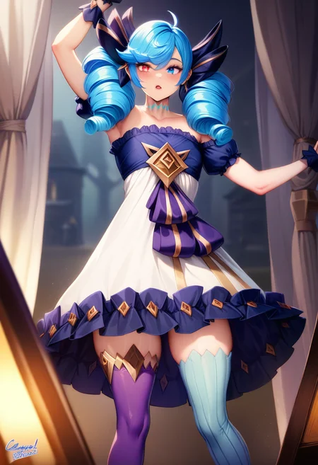 (masterpiece, best quality, very aesthetic, absurdres, extremely detailed), gwenlol, dress, mismatched legwear, twin drills, blue hair, heterochromia, posing, standing, gwen \(league of legends\) <lora:gwen:0.85>