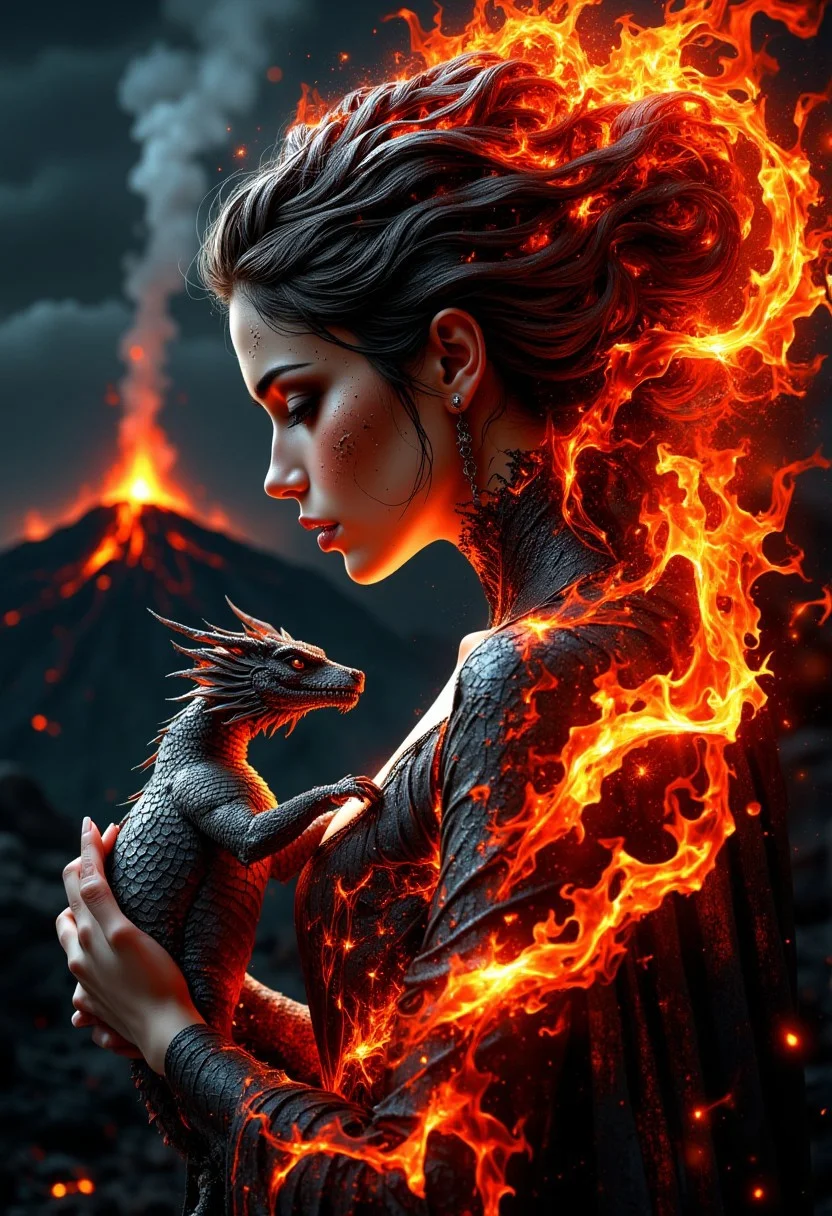 double exposure, a woman face made in fire and she has hair made of flames, dark, magical, fantasy, digital art pale redhead holding baby dragon with a volcano and lava in background, beautiful, photorealistic photography, 50mm lens, highly detailed, sharp focus, professional photoshoot, chiaroscuro lighting, masterpiece, hyper-realistic