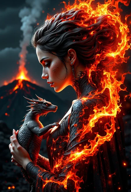 double exposure, a woman face made in fire and she has hair made of flames, dark, magical, fantasy, digital art pale redhead holding baby dragon with a volcano and lava in background, beautiful, photorealistic photography, 50mm lens, highly detailed, sharp focus, professional photoshoot, chiaroscuro lighting, masterpiece, hyper-realistic