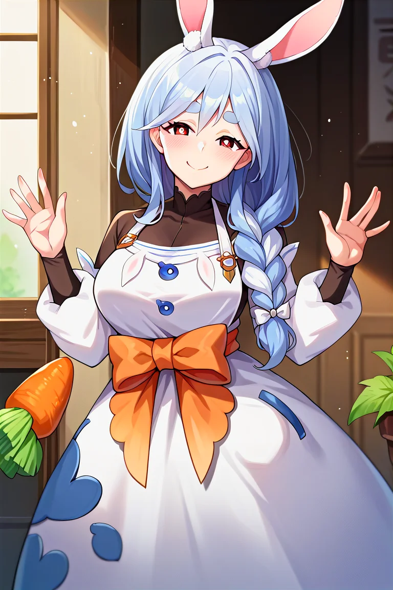 score_9, score_8_up, score_7_up, score_6_up, score_5_up, score_4_up, rating_questionable, , source_anime, digital illustration, pixiv, fanbox, uncensored, , BREAK, official art,
1girl, solo, mature female, pekomama, blue white hair, thick eyebrows, bunny-shaped pupils, rabbit ears, single braid, hair over shoulder,
white dress, apron, orange bow, black body suit, carrot in pocket outdoors, waving, light smile, blush, looking at viewer, cowboy shot,   <lora:Pekomama_Pony-09:0.9>