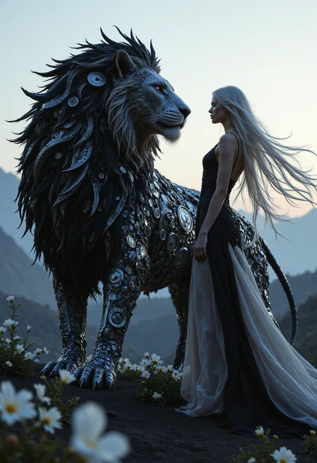  　　A beautiful woman with flowing silver hair and piercing violet eyes stands gracefully beside her companion, a majestic lion crafted from a mesmerizing interplay of black and white clockwork. The lion, a marvel of contrasting mechanical artistry, stands tall and proud, its mane a cascade of alternating black and white gears and intricate cogs, its body radiating a soft, ethereal glow. The woman, radiating grace and elegance, wears a flowing gown of swirling black and white that blends seamlessly with the ethereal landscape. 

The scene is set against a backdrop of a timeless realm where magic and technology intertwine, bathed in the soft glow of a twilight where black and white blend seamlessly.  Rolling hills of black sand stretch out towards a horizon veiled in a soft, white mist. Black and white flowers bloom at their feet, their petals shimmering with a gentle luminescence. This image captures the ethereal beauty and harmonious unity of contrasting forces, a testament to the enduring power of companionship and the enchanting mystery of their shared guardianship over a realm of balance and duality. 