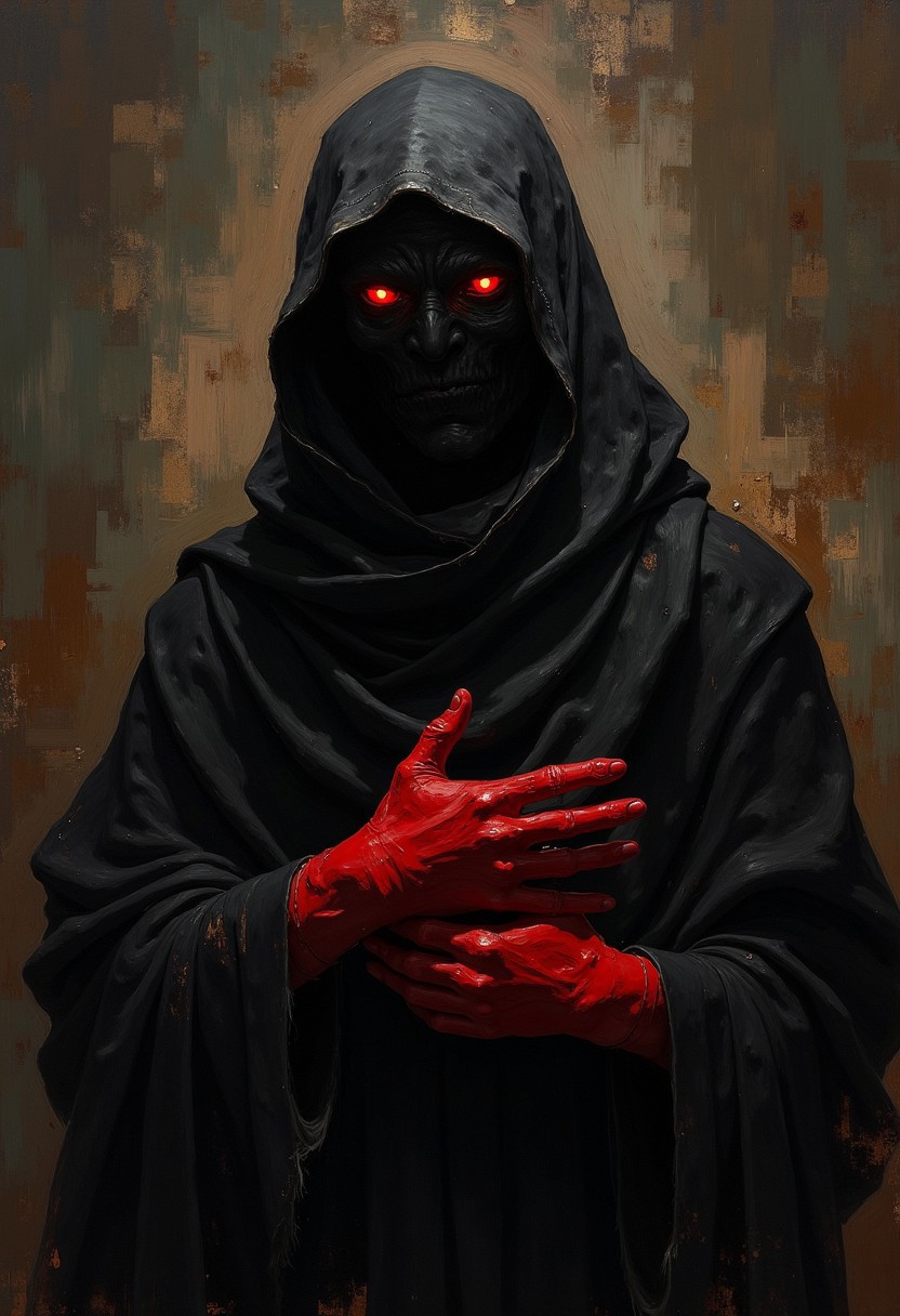 DB4RZ style painting, 　  high contrast, dramatic shadows, 1940s style, mysterious, cinematic . burqa, red gloving eyes, divinity's creature, an Arabian nightmare, novuschroma38, detailed, high resolution, eerie, atmospheric, foreboding, unsettling <lora:CBS_novuschroma38 style:1> <lora:MJ52:0.4> <lora:XL_More_Art-Full_V1:1>