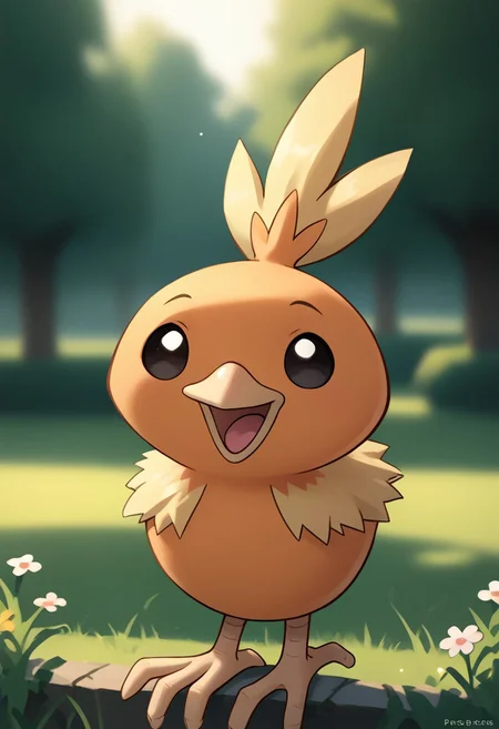 score_9, score_8_up, score_7_up, score_6_up, extremely detailed, shiny torchic, black eyes, cute, smol bean, cowboy shot, happy, open mouth, looking around, solo, facing viewer, front view, the park, outdoors, daytime, bright lighting,