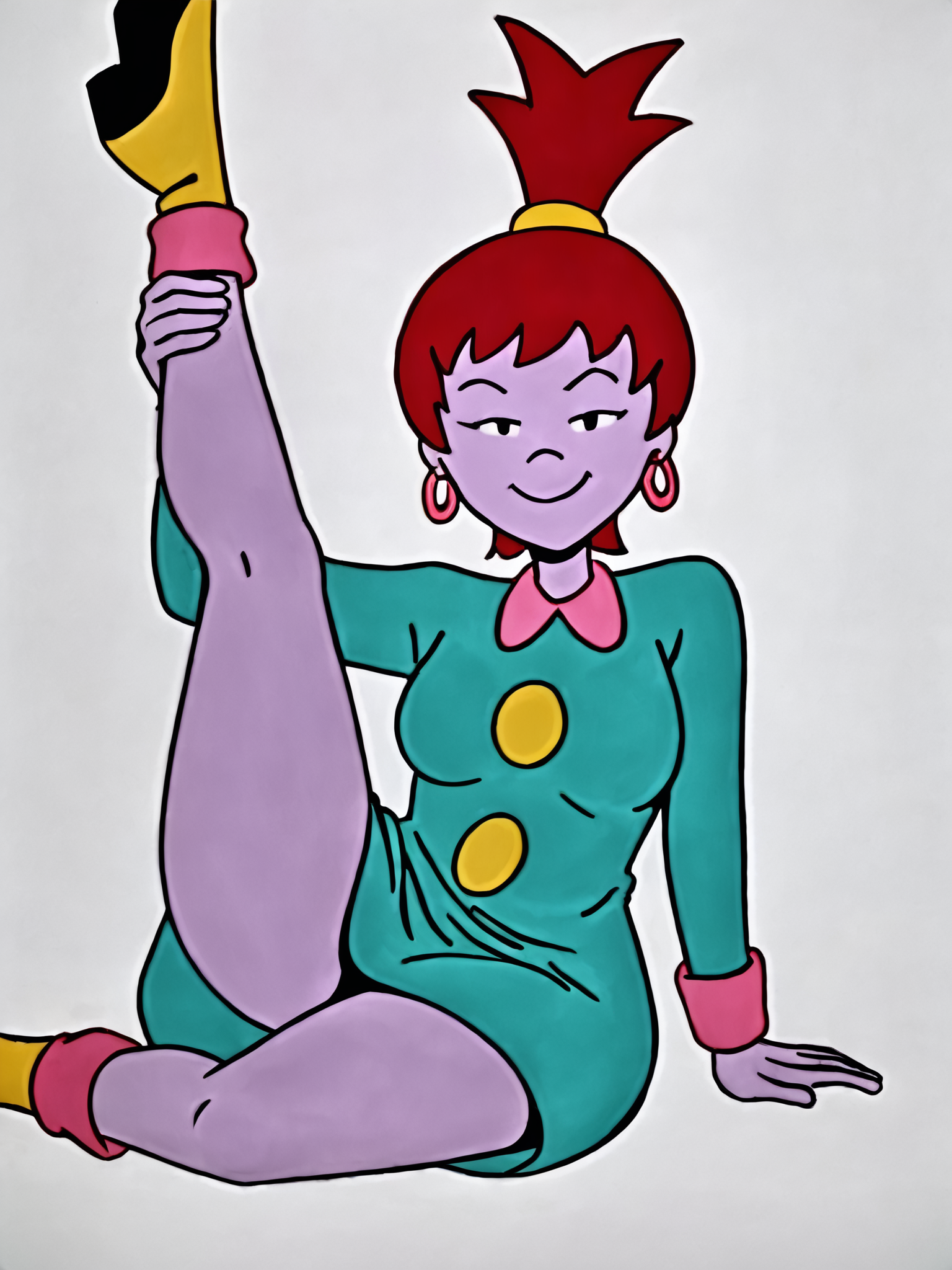 score_9, source_anime, masterpiece, high quality, BREAK, white background, 1girl, <lora:Beebee_Bluff_PDXLv0:0.6> beebee bluff, hoop earrings, green dress, aged up, medium breasts, wide hips, adult figure, mature body, sitting, leg up, looking at viewer, smug,
