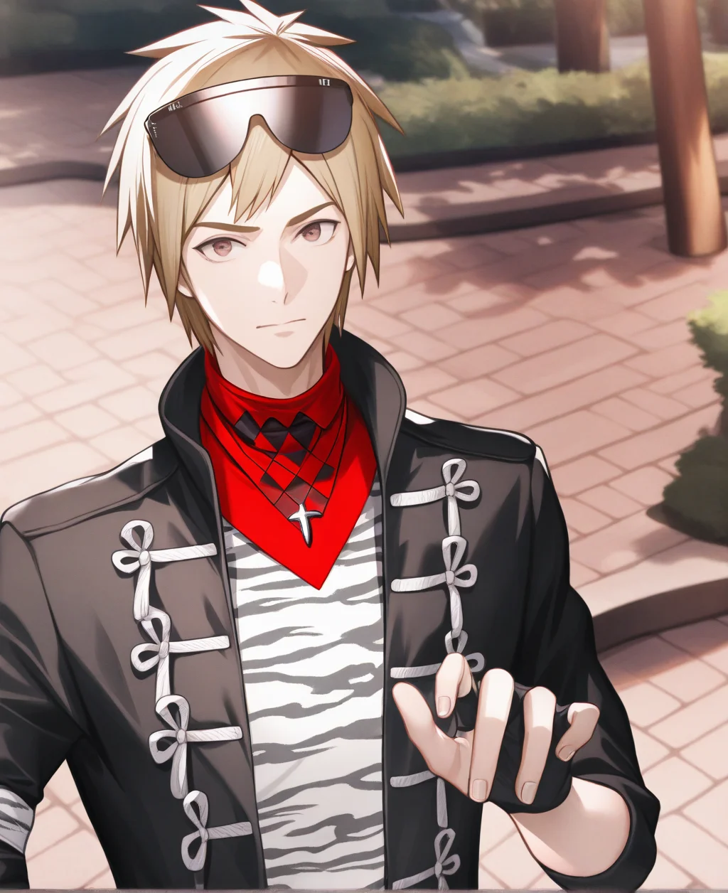 artist:gomzi,artist:wanke,artist:diyokama, rei_(sanbonzakura),[[artist:fuzichoco]],year 2023, 
solo, 1boy,
ike-p, brown eyes, blonde hair, short hair, sunglasses, sunglasses on head, red collar, camouflage shirt, black jacket, gold trim, black gloves, fingerless gloves, single glove, 
upper body, park