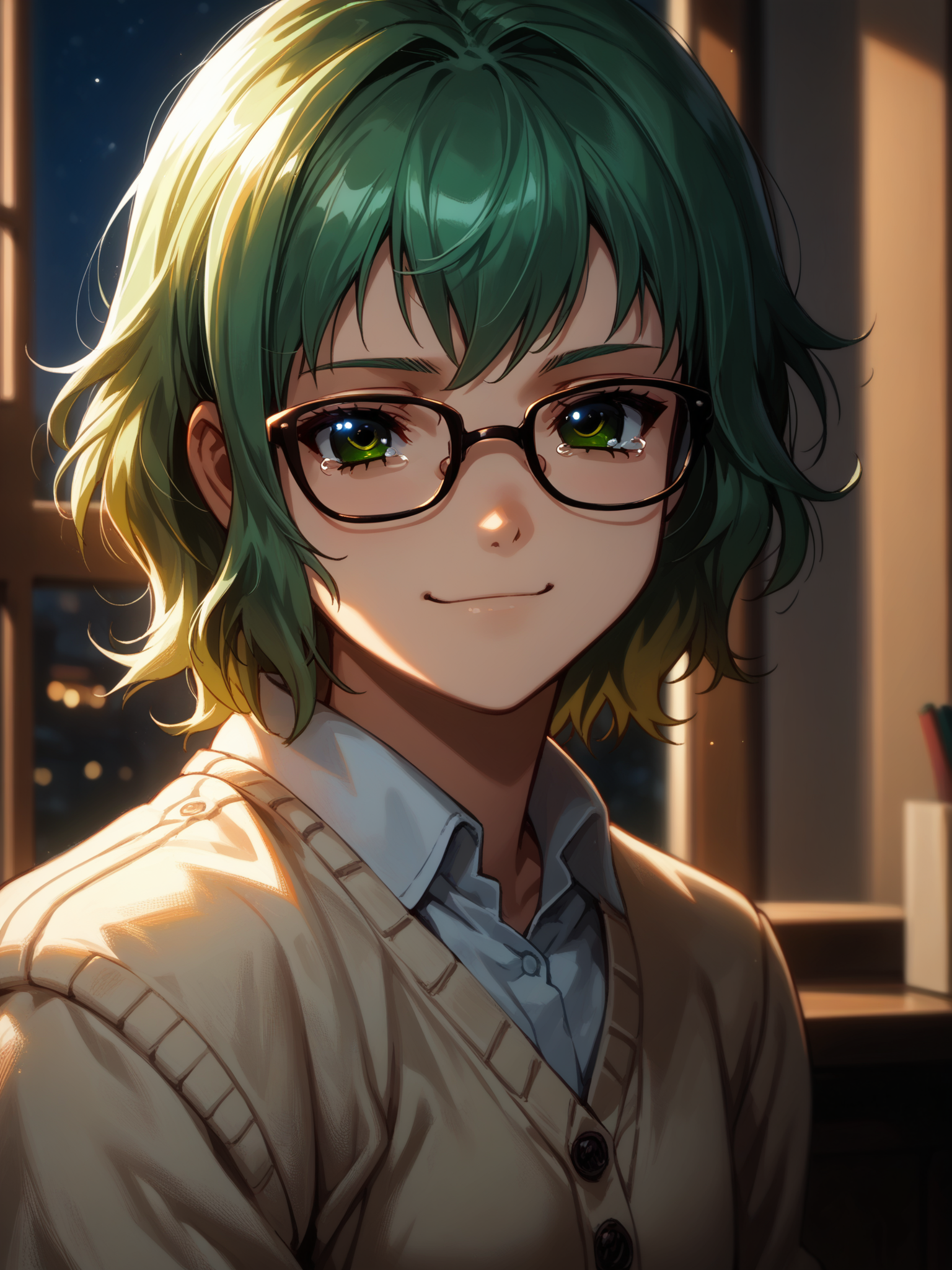 (upper body, solo focus:1.2) <lora:happy_tentacle-korone-v0.2:1>, ht_korone, (green hair, green eyes:0.5), (petite:1.2), <lora:Shed_The_Skin's StS_age_slider_v1_initial_release:-1> ( :1.1) ( , (crying with eyes open:0.8) , ( flustered :1.2) , evil smile , (looking at another:1.2) :1.1) indoors, ((night, night sky :0.6), (blue sky:0.6) :0.8), (open window :0.9), (furniture:0.9), , (sidelighting:0.5), (light rays, light particles:0.5) , , , (european architecture :0.9), library, librarian, shirt, skirt, cardigan, under-rim eyewear, glasses ( :0.8) score_9, score_8_up, score_7_up, score_6_up, score_5_up, score_4_up, ( [(realistic, photorealistic:1.3):(realistic:1.2):14] [(3d:1.2)::12] [:anime coloring:10] :1) <lora:LUUNA's Lunas-NijiJourney-SDXL-B2:0.35>, nijijourney <lora:prgfrg23's Counterfeit-V3.0 Style SDXL_LoRA_Pony Diffusion V6 XL:0.6> <lora:mfcg's mfcgXL:0.12> <lora:reweik's gyokai(himehajime)_PonyXL_style_v01:0.14>