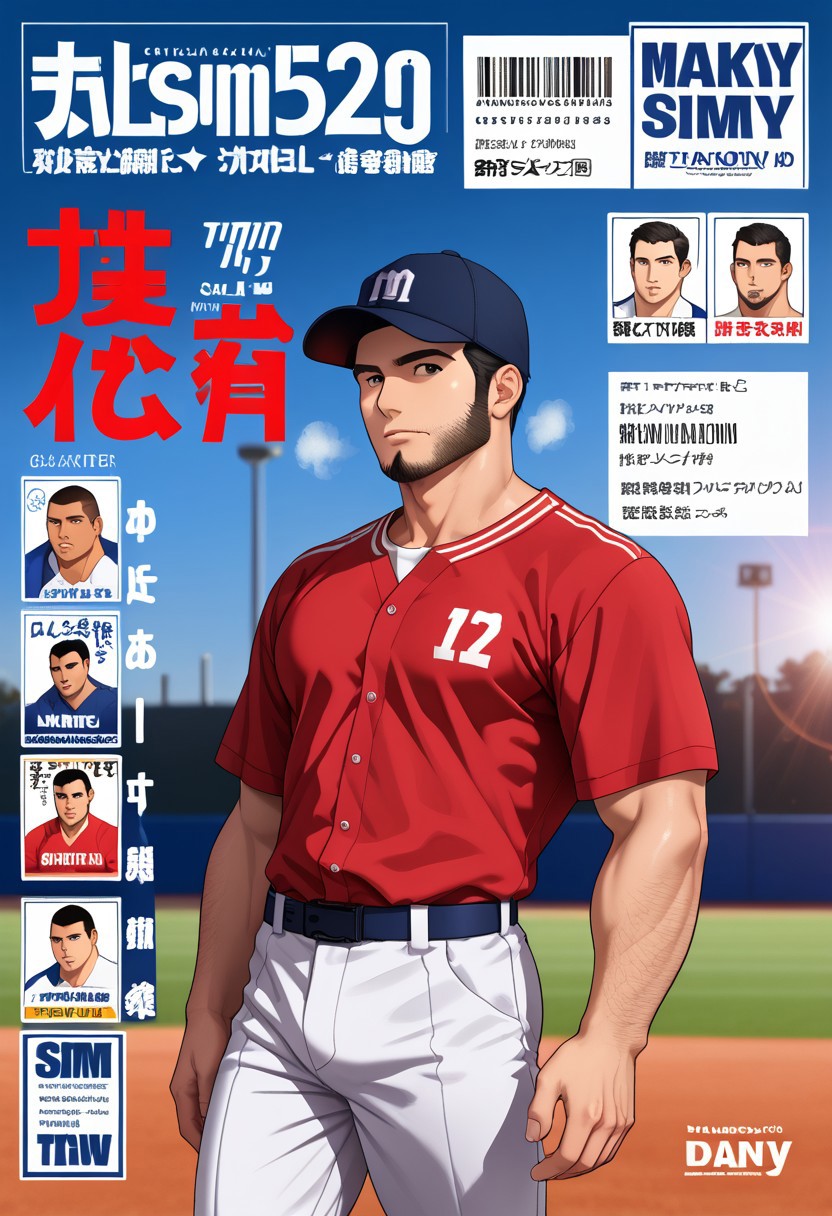 safe_pos, (Aaaild, Aaadjd, manga cover, cover page, magazine cover, text:1.3) source_anime, safe_pos, perfect anatomy, perfect proportions, best quality, masterpiece, high_resolution, high quality, (solo focus, male focus, male only, bara, gay, homo, mature, masculine, manly, virile, macho, hunky, rugged, middle-age, daddy, dilf, handsome), alluring, seductive, heroic, serious, grim, stern, unsociability, bluntness, gruffness looking at viewer, BREAK (asian man, japanese male, dark eyes, black hair, sideburns, unkept facial hair, stubble, chinstrap beard, jawline beard, trimmed buzzcut), BREAK (baseball uniform, sportswear, white striped baseball jersey, short sleeves, baseball cap, black baseball cap, white striped baseball pants), BREAK standing, contemplative expression, horny, kinky, domination, heavy breathing, enticed, shading, countershading, bright atmosphere, outdoor, sunlight, baseball field