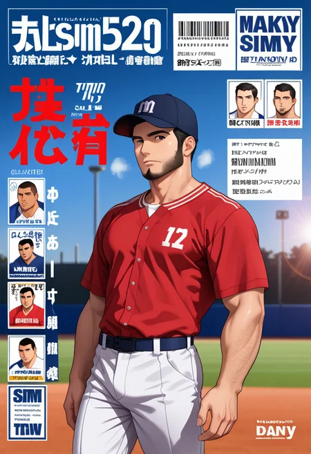 safe_pos, (Aaaild, Aaadjd, manga cover, cover page, magazine cover, text:1.3) source_anime, safe_pos, perfect anatomy, perfect proportions, best quality, masterpiece, high_resolution, high quality, (solo focus, male focus, male only, bara, gay, homo, mature, masculine, manly, virile, macho, hunky, rugged, middle-age, daddy, dilf, handsome), alluring, seductive, heroic, serious, grim, stern, unsociability, bluntness, gruffness looking at viewer, BREAK (asian man, japanese male, dark eyes, black hair, sideburns, unkept facial hair, stubble, chinstrap beard, jawline beard, trimmed buzzcut), BREAK (baseball uniform, sportswear, white striped baseball jersey, short sleeves, baseball cap, black baseball cap, white striped baseball pants), BREAK standing, contemplative expression, horny, kinky, domination, heavy breathing, enticed, shading, countershading, bright atmosphere, outdoor, sunlight, baseball field