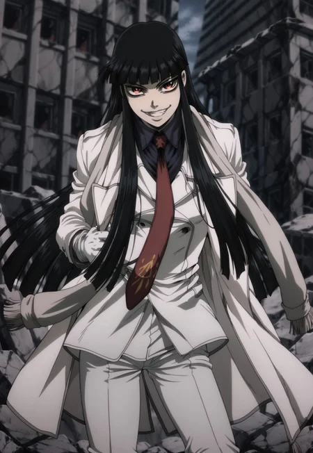 score_9, score_8_up, score_7_up,  girlycardXL11, 1 girl, solo, red eyes, black hair, long hair,blunt bangs, scarf, blue shirt, red necktie, white jacket, white coat, white gloves, white pants,evil smile, ruins, 