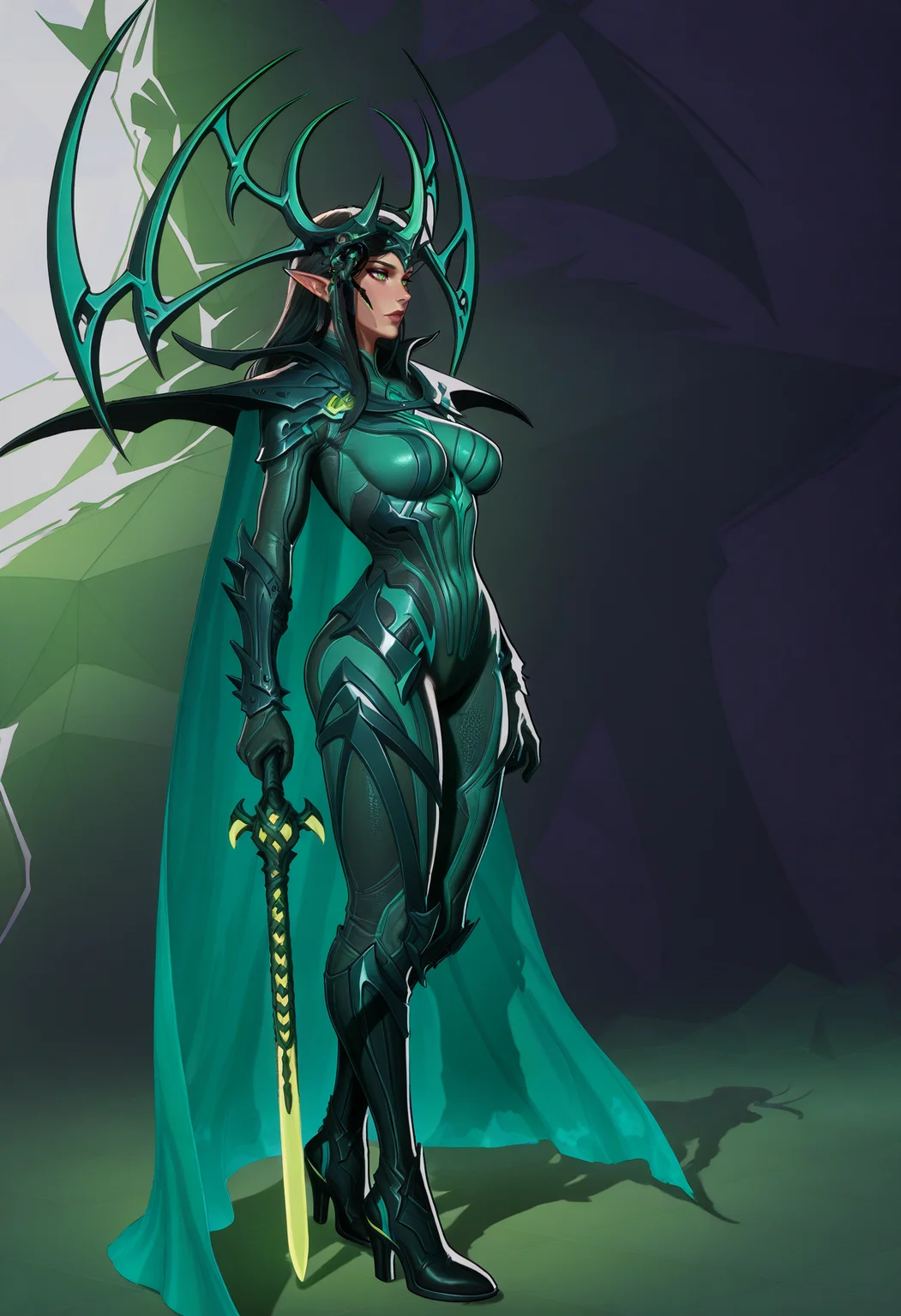 masterpiece, best quality, amazing quality, intricate detail, highly detailed, absurdres, very aesthetic, dynamic lighting, detailed background,
<lora:MarvelRivals:1> r1vals,
solo, 1girl, armor, high heels, standing, breasts, cape, shadow, full body, weapon, pointy ears, helmet, medium breasts, boots, holding, bodysuit, black hair
