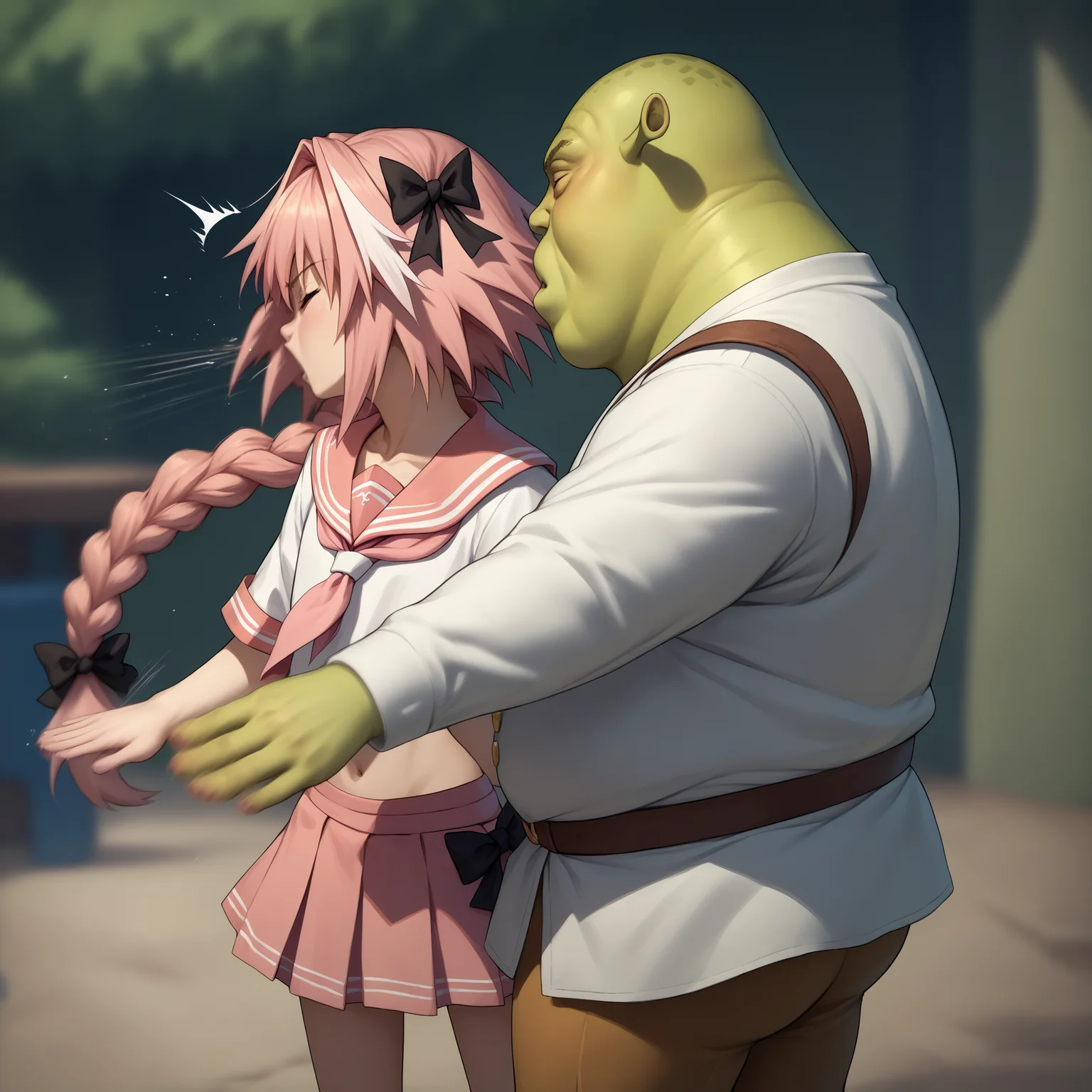 score_9, score_8_up, score_7_up, slapping, motion lines, motion blur, 2boys, <lora:WillSmithSlappingMeme_pdxl_Incrs_v1:0.55>, cowboy shot,
BREAK astolfo \(fate\),
BREAK <lora:Shrek_XLPD:0.8> shrek, green skin,