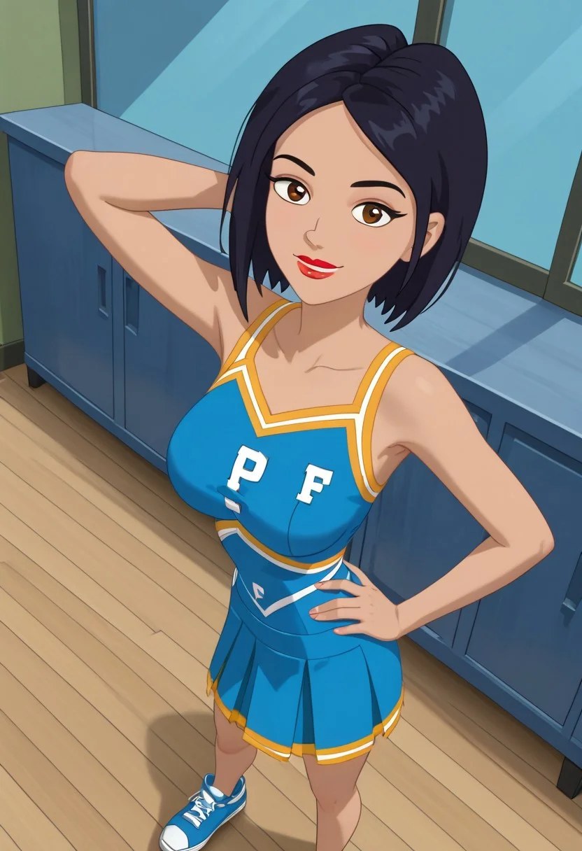 ((room background)),score_9, score_8_up, score_7_up,score_6_up, (detailed face and eyes:1)
1girl, solo, Naya_HYG, medium light skin, brown eyes, blue black hair, short straight hair, hairstyle bob cut, red lipstick, blue cheerleader top, blue cheerleader skirt, blue sneakers, cute, tall stature, smile, perfect eyes, perfect smile, looking at the viewer, detailed eyes, perfect eyes, standing, big breasts (front pose, front view, full body shot, high angle view:1) five fingers, perfect hands, (one hand on hip, one hand behind head)