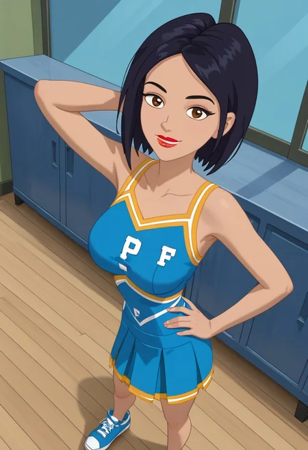 ((room background)),score_9, score_8_up, score_7_up,score_6_up, (detailed face and eyes:1)
1girl, solo, Naya_HYG, medium light skin, brown eyes, blue black hair, short straight hair, hairstyle bob cut, red lipstick, blue cheerleader top, blue cheerleader skirt, blue sneakers, cute, tall stature, smile, perfect eyes, perfect smile, looking at the viewer, detailed eyes, perfect eyes, standing, big breasts (front pose, front view, full body shot, high angle view:1) five fingers, perfect hands, (one hand on hip, one hand behind head)