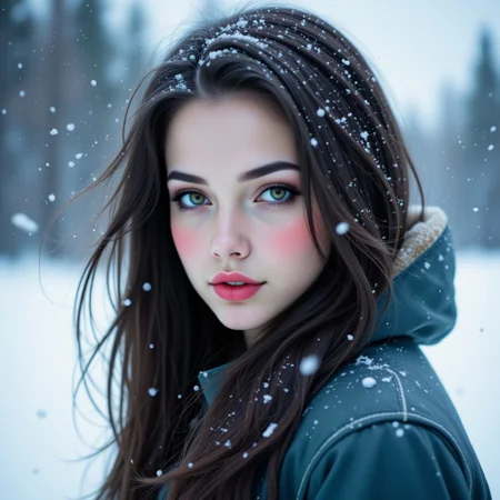 score_9, score_8_up, score_7_up, cinematic film still, beautiful woman Elizabeth 2.0, natural make up, winter outfit, blush, long black hair, head tilt, hair blowing in the wind, arctic circle snow drift, snowing, snowflakes, cold, chill bumps, approaching perfection, dynamic, highly detailed, smooth, sharp focus, intricate details, shallow depth of field, vignette, high budget, bokeh, cinemascope, moody, epic, gorgeous, film grain, grainy