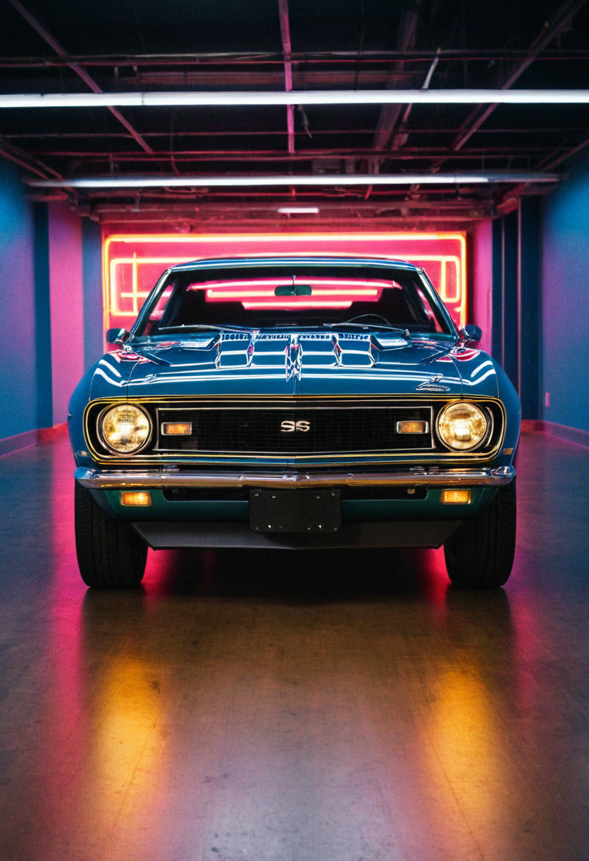 VintageMuscleCar gleaming Chevrolet Camaro indoors, symmetrical front view, bright headlights, neon lights, glass background, light reflections, 4K, highly detailed, (stylish grainy analog film photo 35mm vintage Kodachrome)