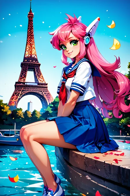 score_9, score_8_up, score_8, medium breasts, (curvy), cute, eyelashes, BREAK, , zzNukuNuku, green eyes, pink hair, long hair, robot ears, school uniform, serafuku, blue skirt, white shirt, <lora:NukuNuku_PDXL:1.0>, , BREAK, zzEiffelTower in background, sitting, watercraft, boat, sitting on wall, side view, looking at viewer, smile, BREAK, blooming stars, luminescent petals, otherworldly fragrance blurry background, embedding:zPDXL, Expressiveh, <lora:EiffelTowerPDXL:0.8>, <lora:CatalystStylePDXL:0.6>, <lora:SDXLFaeTastic2400:0.5>, <lora:Expressive_H-000001:0.4>,