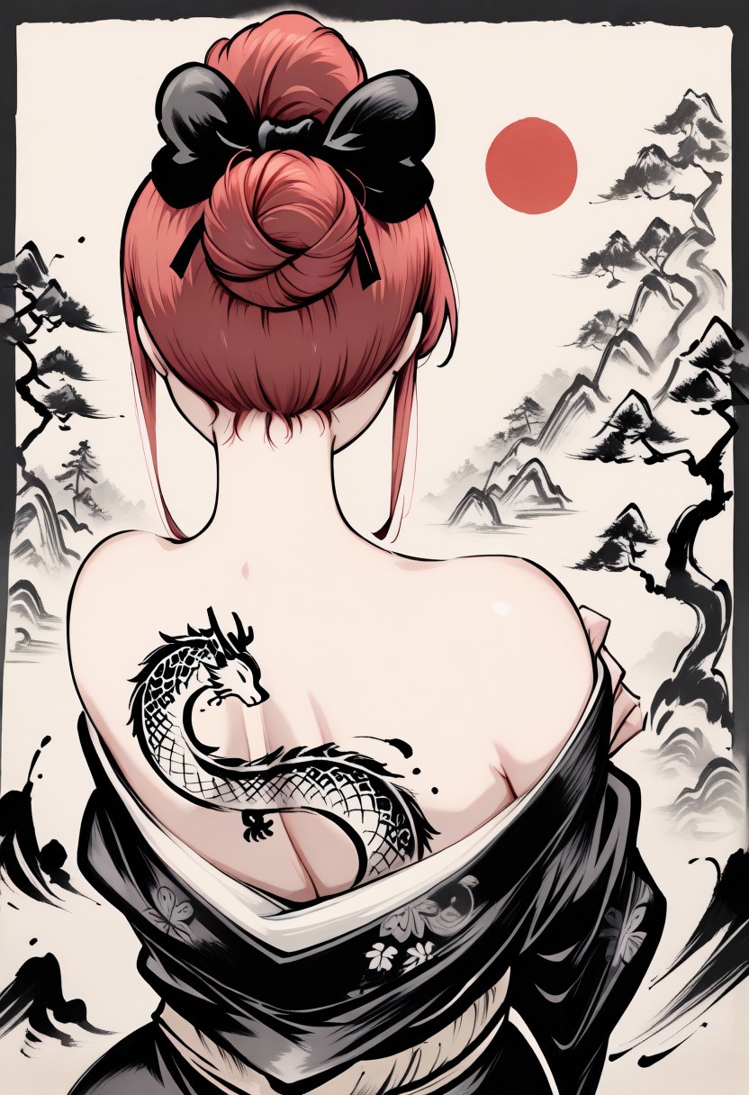 masterpiece,best quality,amazing quality,newest,absurdres,highres, newest,very awa, ,sumi-e ,ink wash painting,
from behind, upper body,
red hair , blue eyes , hair bun , bangs , ponytail , hair bow, 1girl, beautiful face, perfect eyes, detailed eyes,mature female,straight hair,looking at viewer, 
dragon tattoo,cherry blossom,tsumami kanzashi, ิblack kimono,kimono pull ,neck focus,
,intricate details, dark background, (painting background:1.4),(red sun),egasumi ,ink stroke, (calligraphy:1.5) ,tree