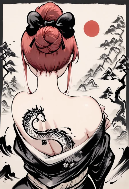 masterpiece,best quality,amazing quality,newest,absurdres,highres, newest,very awa, ,sumi-e ,ink wash painting,
from behind, upper body,
red hair , blue eyes , hair bun , bangs , ponytail , hair bow, 1girl, beautiful face, perfect eyes, detailed eyes,mature female,straight hair,looking at viewer, 
dragon tattoo,cherry blossom,tsumami kanzashi, ิblack kimono,kimono pull ,neck focus,
,intricate details, dark background, (painting background:1.4),(red sun),egasumi ,ink stroke, (calligraphy:1.5) ,tree