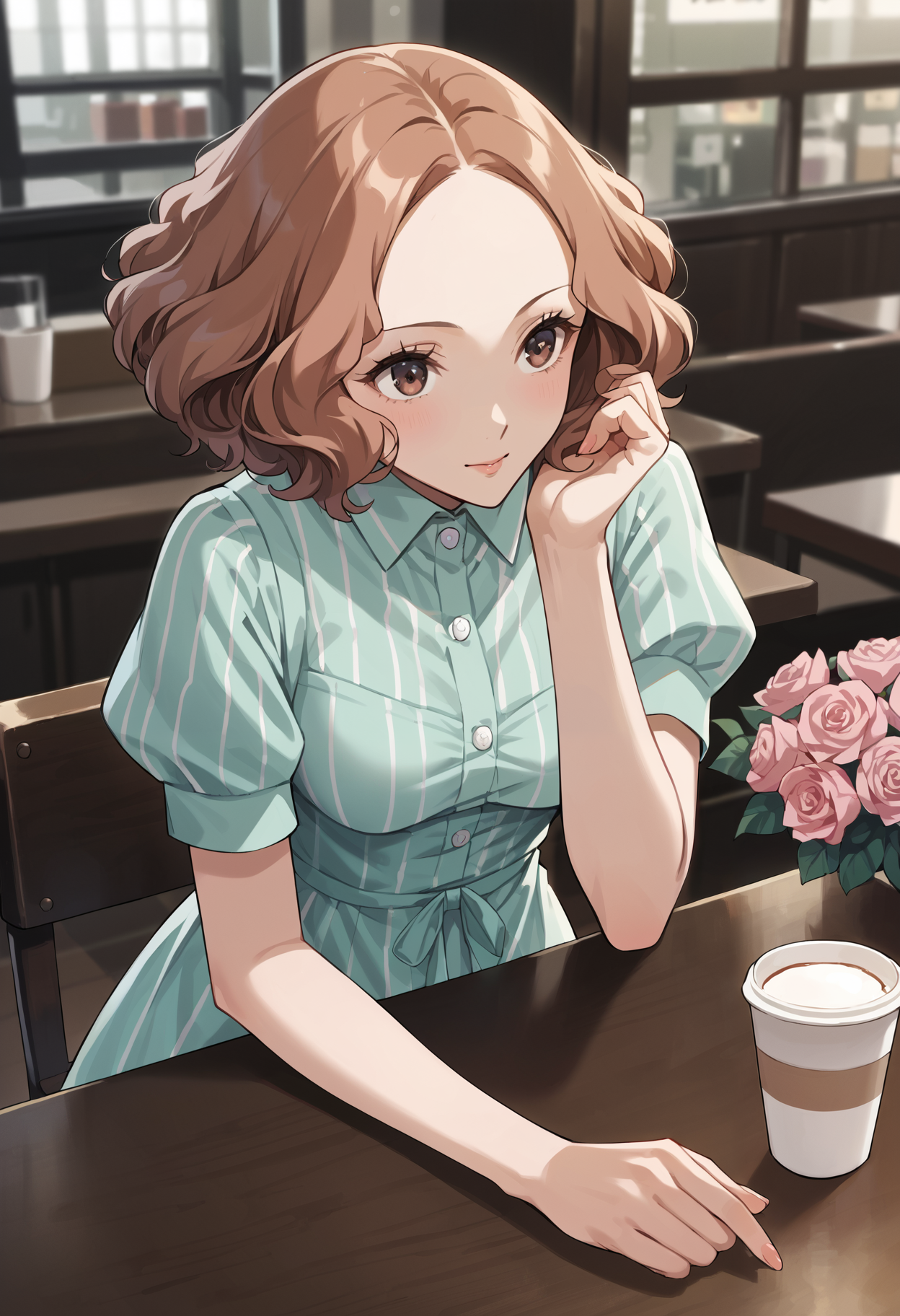 score_9, score_8_up, source_anime
1 girl, solo, cute face,
p5haru, brown hair, short hair, wavy hair,
p5haru-summercas, dress, striped dress, pink rose, rose embroidery, short sleeves, puffy sleeves, white pantyhose, 
inside, cafe, coffee cup, sitting table, leaning forward, elbows on table,
masterpiece, best quality, ultra detailed,