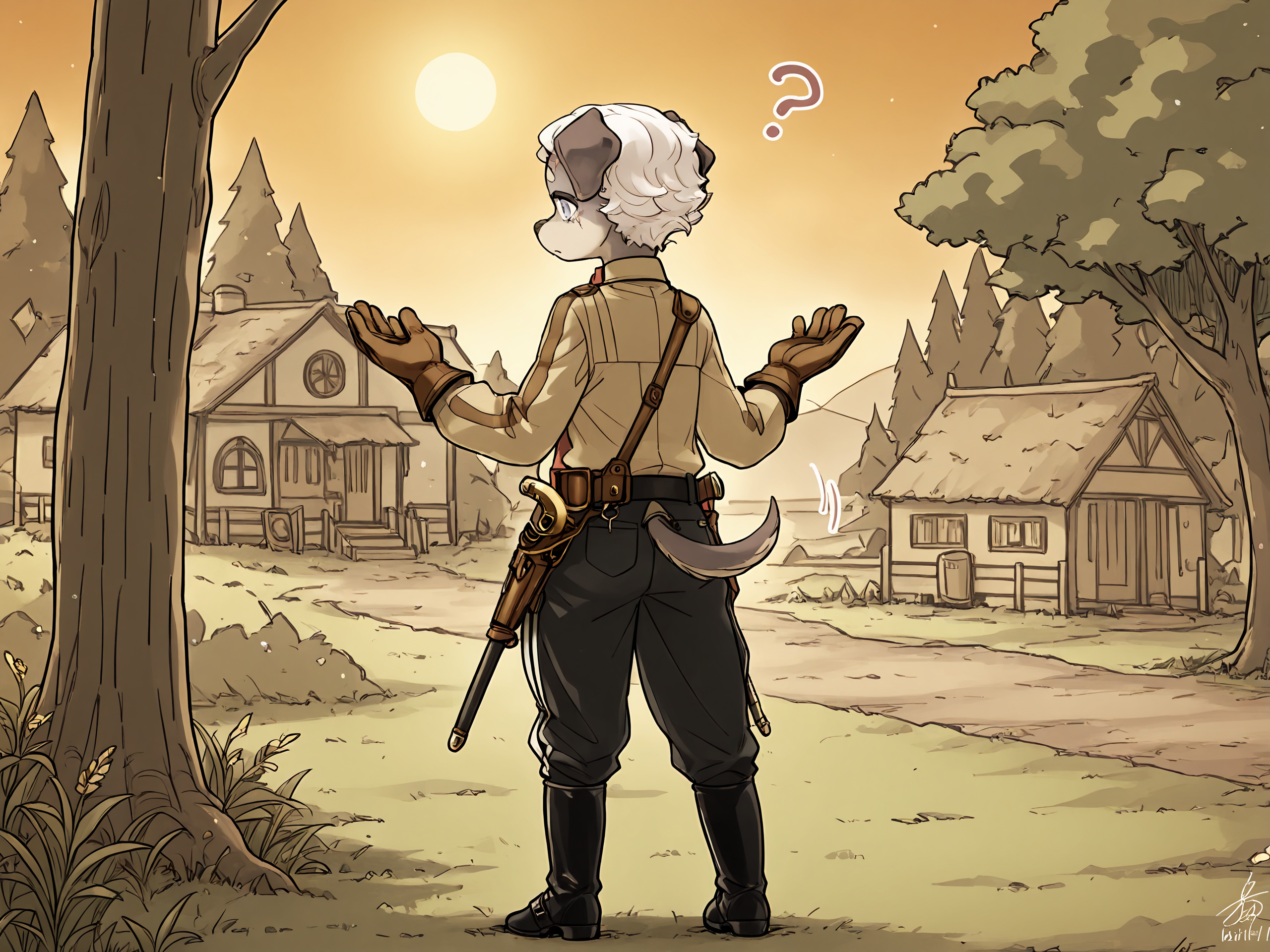 BREAK, <lora:Britz_Strudel:1>, britz strudel, fuga: melodies of steel, kemono, furry male, young male, 1boy, dog boy, grey fur, beige fur, multicolored fur, grey eyes, short hair, white hair, scar above right eye, animal ears, dog ears, floppy ears, dog tail, brown tail,
BREAK, Fuga 1 Outfit, Berman Uniform, high black boots, black military pants with two white stripes, belt, beige button-up uniform shirt, red necktie, brown gloves, brown sling, gun holster, pouches, sword,
BREAK, solo, outside, trees, grass, village, hands up, rear view, confused, question mark