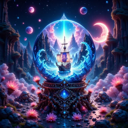 bo-exposure, pinketherealmj, a crystal ball showing A beautiful magical ocean inside, with a fleet of fantasy style mini viking ships. The crystal ball is floating inside a colorful cosmic storm on space, magical glow, internal glow, magic, fantasy, glowing, colorful,