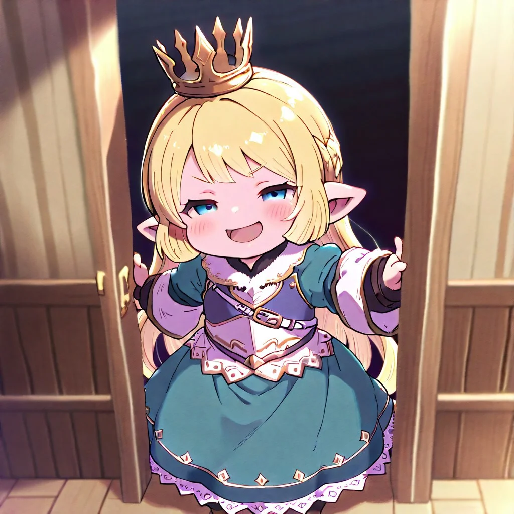 1girl, solo, best quality, masterpiece, lalafell, pointy ears, flat chest, shortstack. granblue fantasy, charlotta, harvin, blonde, long hair, blue eyes, blue dress, lace, long dress, tall crown, mesugaki, blush, smug, <lora:NTR_MIX_4.0_LORA:0.5>