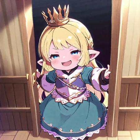 1girl, solo, best quality, masterpiece, lalafell, pointy ears, flat chest, shortstack. granblue fantasy, charlotta, harvin, blonde, long hair, blue eyes, blue dress, lace, long dress, tall crown, mesugaki, blush, smug, <lora:NTR_MIX_4.0_LORA:0.5>