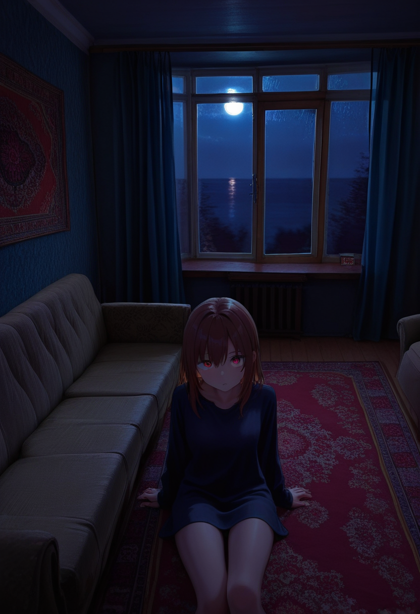 masterpiece, high quality, hrushch, room, 1girl, solo, sitting, window, dark, night, indoors, couch, moonlight, cowboy shot, looking at viewer, carpet,