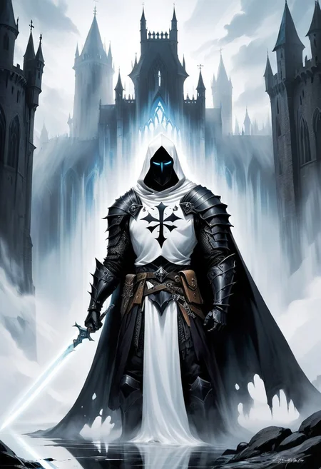 score_10, score_9, score_9_up, score_8_up, score_7_up, masterpiece, best quality, ghost, black armor, black knight, hood, ((hood over helmet)), black hood, duo focus, multiple_boys, 2boys,, two figures, Fantasy, knight, gothic, full plate armor, armor, black, cloak, hood, sith, sword, heavy armor, white light saber, white tabard, shield, reflection, spirit, translucent, black mist, paladin, fighter, rogue, vivid color, castle,