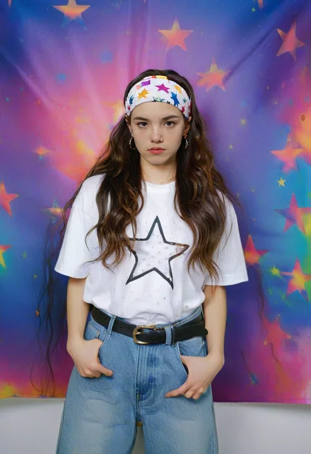 <lora:90sNYC:0.7> 90snyc, woman, headband, star pattern, white T-shirt, denim jeans, belt, standing pose, looking at camera, long hair, wavy hair, casual wear, fashion, young adult, serious expression, colorful background, artistic, vibrant, portrait, studio lighting, trendy, modern fashion, urban style