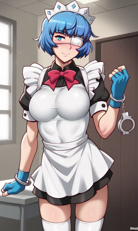score_9, score_8_up, score_7_up,  source_anime, dross, intricate details,  <lora:ryomou_shimei:1>, ryomoxl, short hair, blue hair, medical eyepatch, one mole under mouth, blue eyes, large breasts, maid headdress, maid, maid apron,white apron, blue gloves, fingerless gloves, red neck ribbon, white_thighhighs, modeling pose, light smile, cowboy shot, room, indoors, seductive, holding handcuffs,