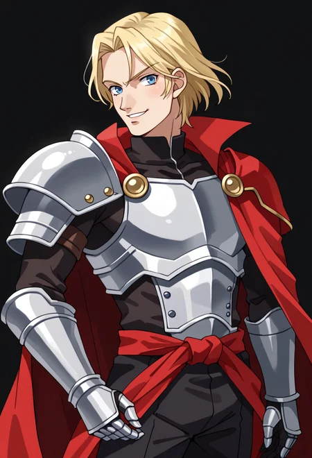 score_9, score_7_up, source_anime, BREAK <lora:zs_SoulHackersPortraitsXL:1> soulhackersportraits, portrait, white background,, smile, 1boy, blue eyes, blonde hair, parted bangs, hair intakes, armor, pauldrons, cuirass, gauntlets, waist cape, greaves, black bodysuit, surcoat, shoulder sash, wing shoulder armor, red cape, male focus,