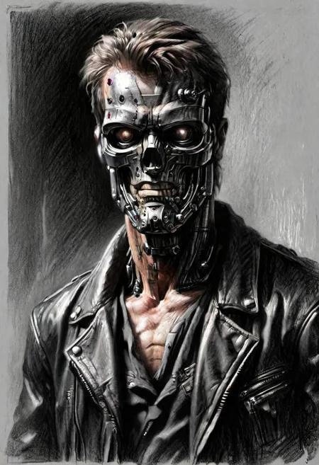 (masterpiece), 
A terminator in a leather jacket,
((upper body))
HDR, highly detailed, 32k, 
looking at viewer,