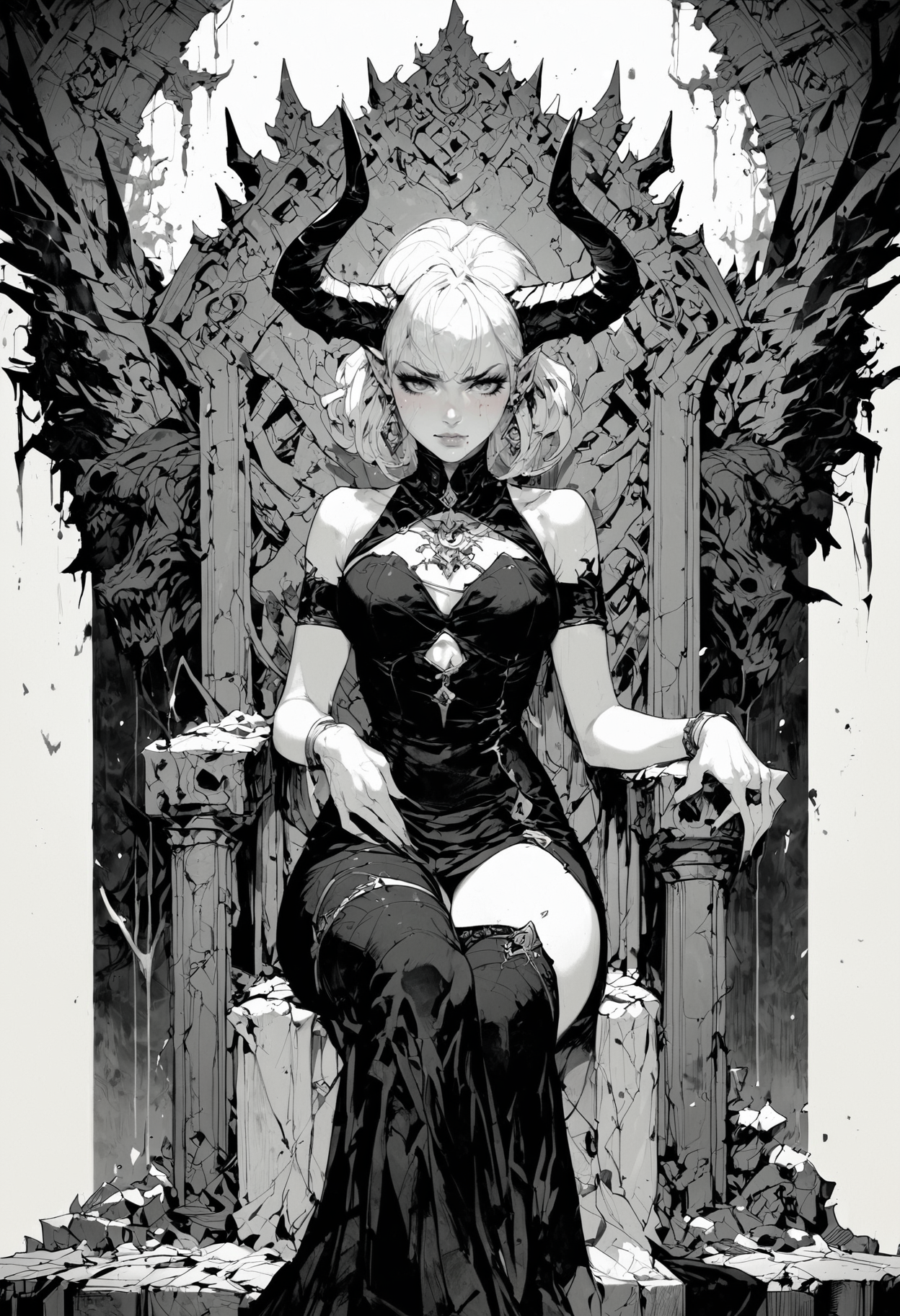 (score_9, score_8_up), score_7_up,  zPDXL, <lora:MythM4ngaStyle:0.8>, A girl, white skin, white hair, black dress, black horns, blood dripping from eyes, sitting in a dark throne room, sitting on a throne. In the style of digital art, monochrome, greyscale