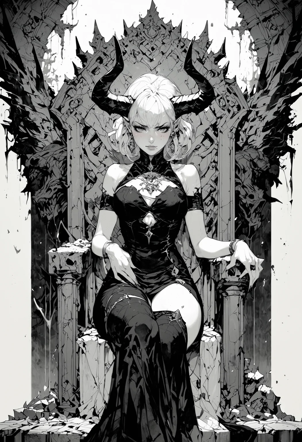 (score_9, score_8_up), score_7_up, zPDXL, <lora:MythM4ngaStyle:0.8>, A girl, white skin, white hair, black dress, black horns, blood dripping from eyes, sitting in a dark throne room, sitting on a throne. In the style of digital art, monochrome, greyscale