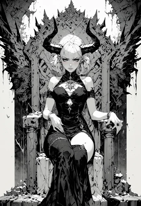 (score_9, score_8_up), score_7_up, zPDXL, <lora:MythM4ngaStyle:0.8>, A girl, white skin, white hair, black dress, black horns, blood dripping from eyes, sitting in a dark throne room, sitting on a throne. In the style of digital art, monochrome, greyscale