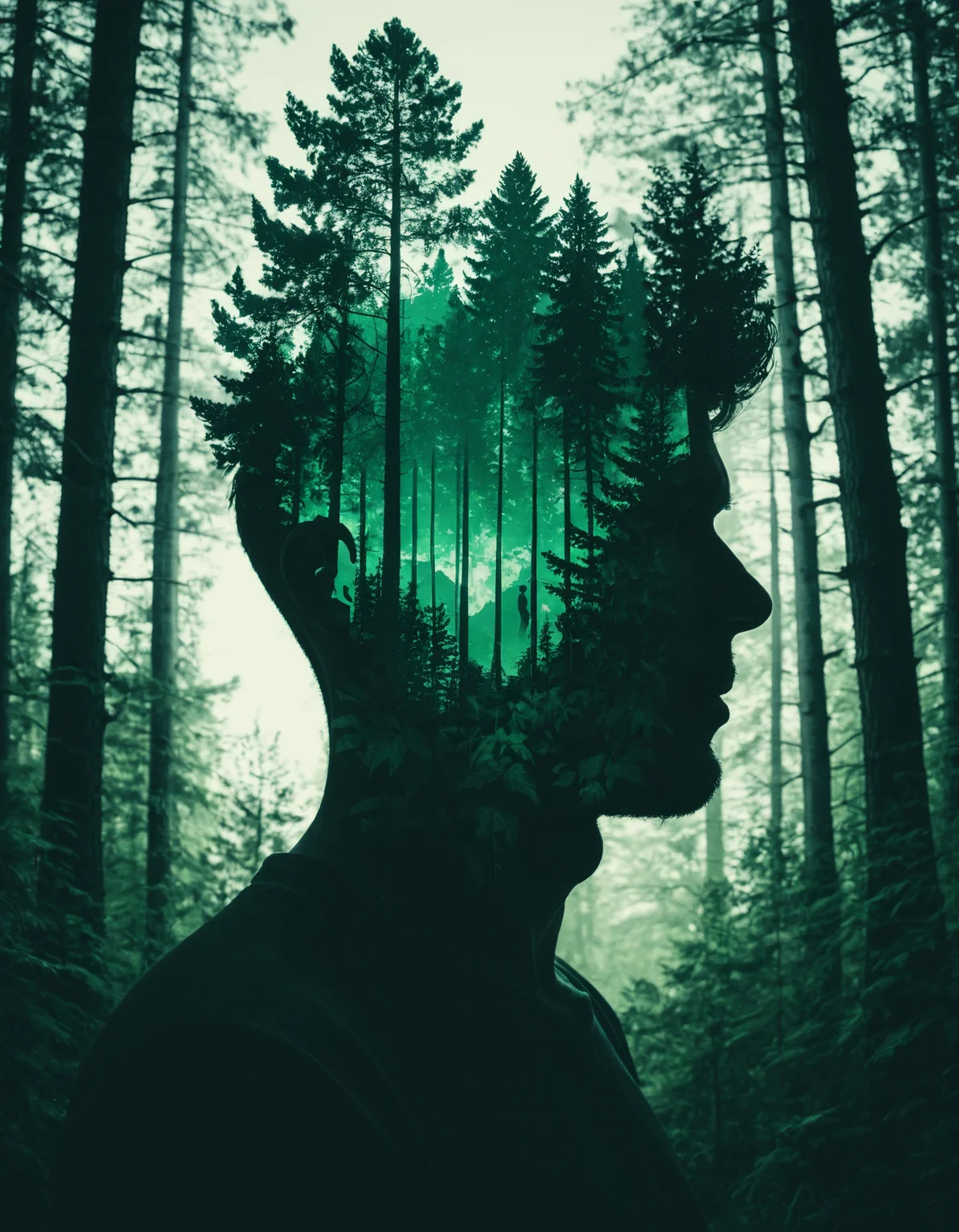 A surreal double exposure portrait of a man with a forest growing inside his silhouette. Deep green tones, metaphorical visual.
