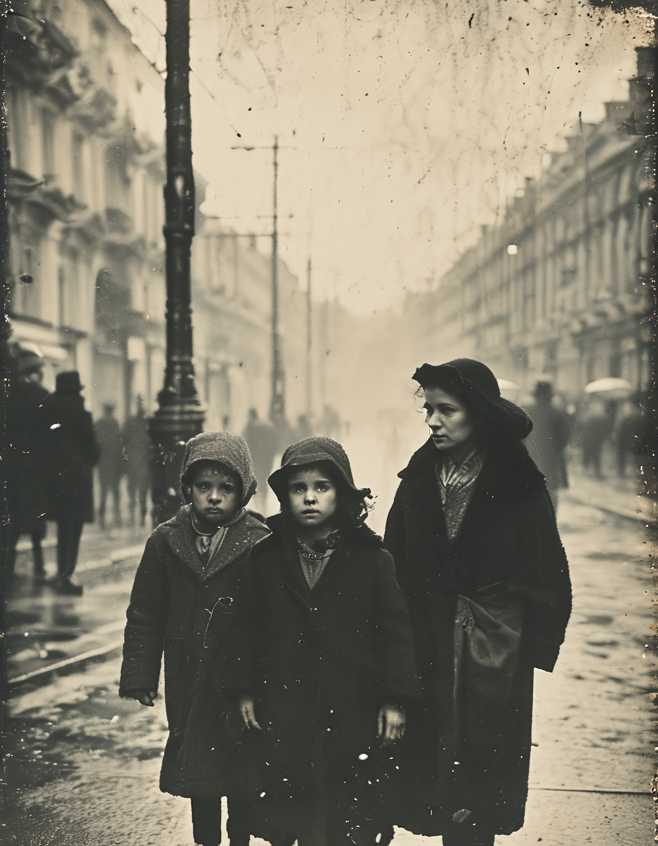 35mm vintage street photo of a poor family, rain, bokeh, 4k, uhd, masterpiece