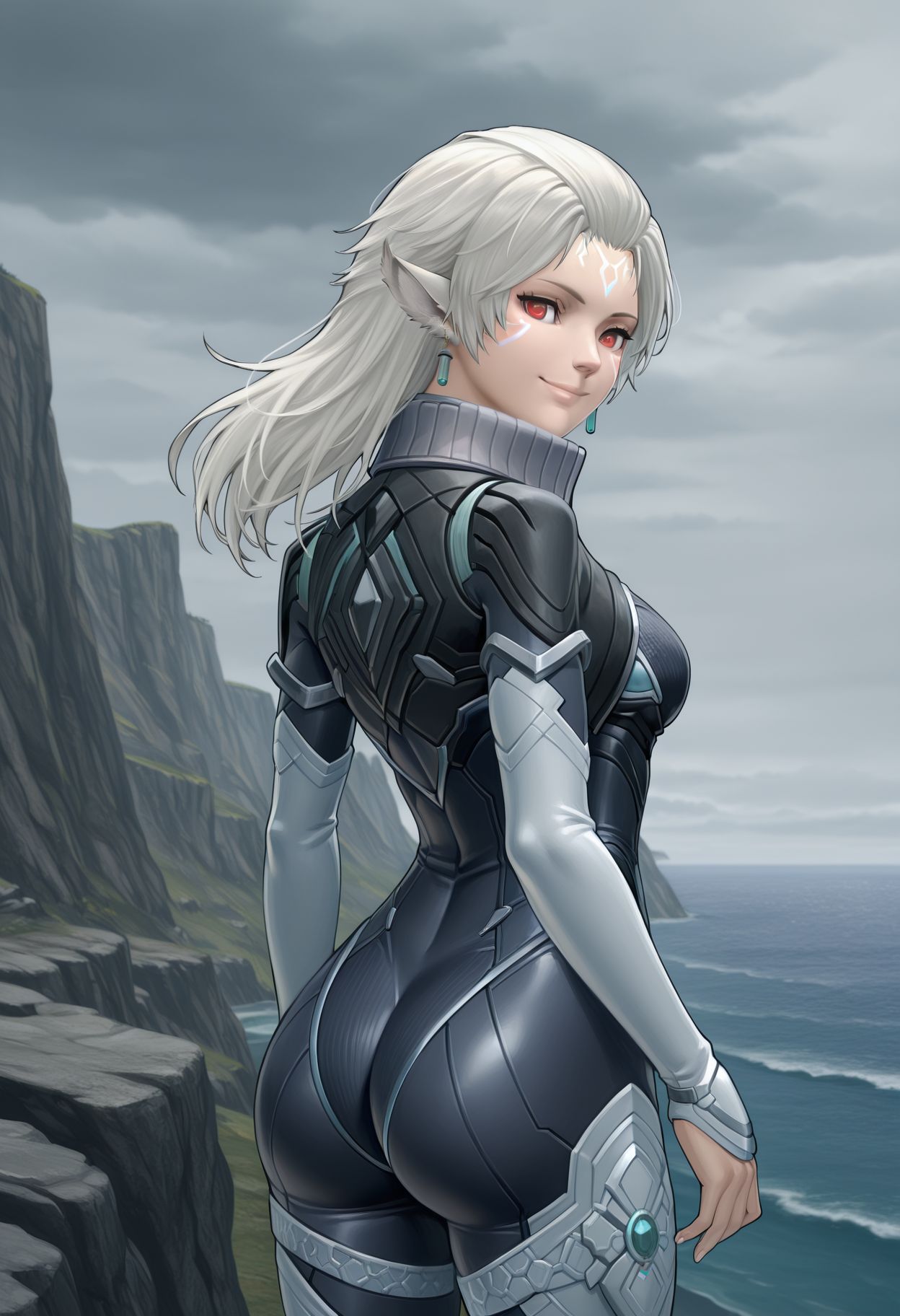 <lora:neilnail_(xenoblade)_v1_IL:0.8> neilnail_(xenoblade), 1girl,long hair, white hair, red eyes, animal ears, medium breasts, facial mark, earrings, jewelry, bodysuit, looking back, looking at viewer, smile, ass, outdoors, cliff, horizon, (overcast, cloudy sky:1.3), rock, realistic,