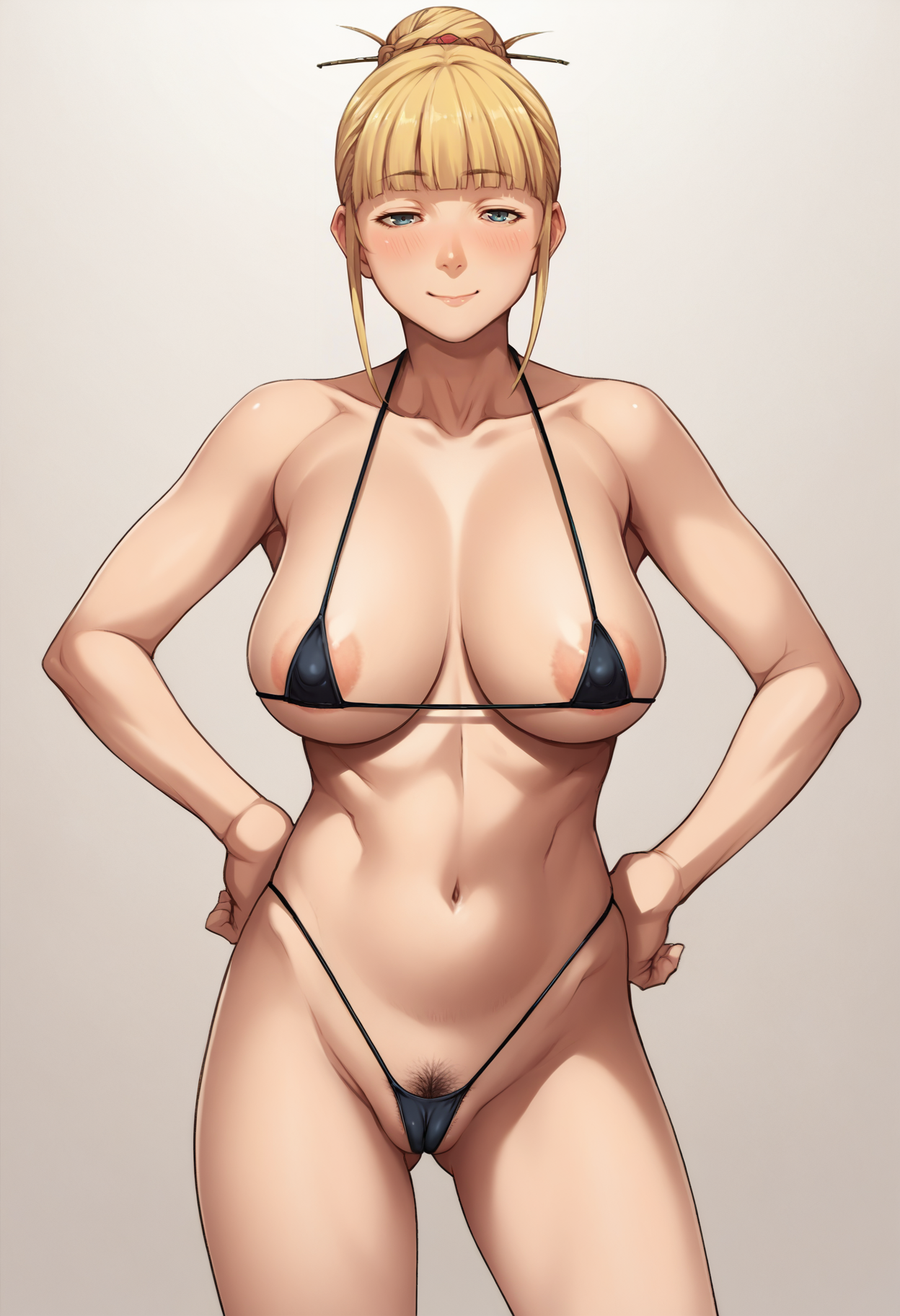 Sei Shoujo Style,  
1girl, solo, uncensored,
standing, hands on own hips,
looking at viewer, half-closed eyes, blush, smile,
blonde hair, hair bun, blunt bangs,
large breasts, pubic hair, 
bikini, black bikini, micro bikini, areola slip, cameltoe,
simple background, white background
  <lora:Sei_Shoujo_Style_PonyXL:0.8>, score_9, score_8_up, score_7_up, score_6_up, score_5_up, score_4_up,