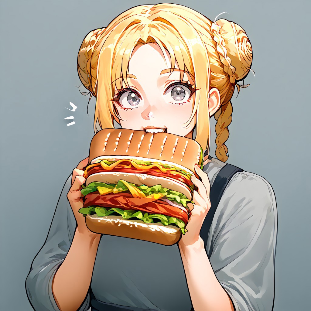 solo, 1girl, Elentzia_TR, pale blonde hair, braided bun, gray eyes, deli,  holding, sandwich, biting , looking at viewer, surprised, absurdres, 4kres, source_anime, score_7_or_higher, freebos_smoothiestyle