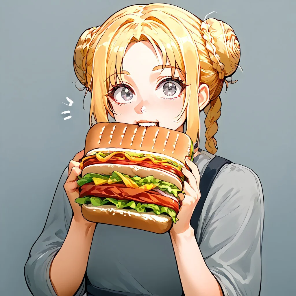 solo, 1girl, Elentzia_TR, pale blonde hair, braided bun, gray eyes, deli, holding, sandwich, biting , looking at viewer, surprised, absurdres, 4kres, source_anime, score_7_or_higher, freebos_smoothiestyle