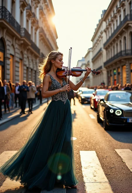 a highly detailed and professional photo featuring a a young woman in an elegant, flowing evening gown, standing in the middle of Via Montenapoleone in Milan during Fashion Week. Her dress is a stunning, floor-length piece in a rich, deep shade, perhaps midnight blue or burgundy, with intricate lace and beadwork catching the light. The gown moves gracefully around her as she plays an antique Stradivari violin, her fingers gliding over the strings with precision and elegance. Her expression is intense and focused, fully absorbed in her music, radiating a sense of dedication and passion.
Around her, the busy street is filled with the buzz of Fashion Weekâcrowds of well-dressed tourists, photographers, and fashion enthusiasts with cameras, eagerly capturing the cityâs luxury and style. High-end boutiques line the street on both sides, their polished glass windows displaying designer handbags, dresses, and jewelry. Luxury cars, including sleek black sedans and brightly colored sports cars, are parked along the sides of the road, adding to the opulence of the scene.
The lighting is golden and warm, with the late afternoon sun casting a soft glow over the street, illuminating the woman and her violin in a spotlight-like effect that enhances her elegance. The violin itself shows signs of age and history, its wood a warm, time-worn color that contrasts with the modern, bustling backdrop of Milanâs fashion district. The strings of the instrument vibrate visibly, hinting at the beautiful, soulful music filling the air.
This juxtaposition of old and new, elegance and energy, adds a timeless, almost magical quality to the imageâan iconic moment where art and culture blend effortlessly with the stylish, contemporary world of Fashion Week in Milan.