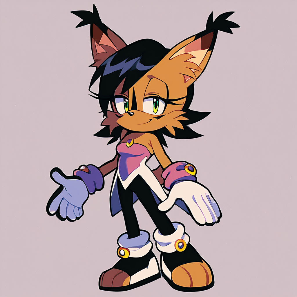 score_9, score_8_up, score_7_up, score_6_up, score_5_up, score_4_up, (Source furry), (rating safe),  <lora:Nicolethelynxpny:1>, nicole the lynx, 1girl, breasts, looking at viewer, smile, short hair, gloves, bare shoulders, jewelry, green eyes, standing, tail, full body, pantyhose, black pantyhose, strapless, half-closed eyes, sonic the hedgehog \(series\), furry, furry female, black hair, animal ears, animal nose, animal ear fluff, solo, solo focus, body fur, brown fur, facial markings