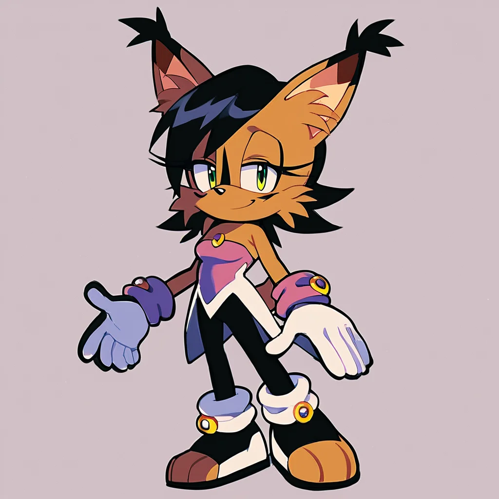 score_9, score_8_up, score_7_up, score_6_up, score_5_up, score_4_up, (Source furry), (rating safe), <lora:Nicolethelynxpny:1>, nicole the lynx, 1girl, breasts, looking at viewer, smile, short hair, gloves, bare shoulders, jewelry, green eyes, standing, tail, full body, pantyhose, black pantyhose, strapless, half-closed eyes, sonic the hedgehog \(series\), furry, furry female, black hair, animal ears, animal nose, animal ear fluff, solo, solo focus, body fur, brown fur, facial markings
