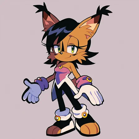 score_9, score_8_up, score_7_up, score_6_up, score_5_up, score_4_up, (Source furry), (rating safe), <lora:Nicolethelynxpny:1>, nicole the lynx, 1girl, breasts, looking at viewer, smile, short hair, gloves, bare shoulders, jewelry, green eyes, standing, tail, full body, pantyhose, black pantyhose, strapless, half-closed eyes, sonic the hedgehog \(series\), furry, furry female, black hair, animal ears, animal nose, animal ear fluff, solo, solo focus, body fur, brown fur, facial markings