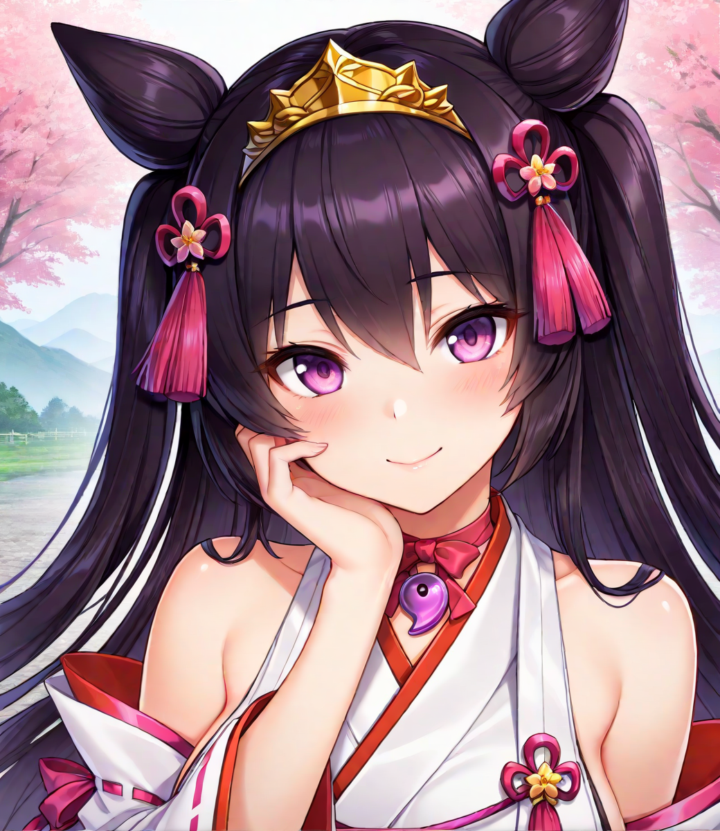 <lora:Hyper-SDXL-8steps-lora:1>, (masterpiece),(best quality),(ultra-detailed),(best illustration),(absurdres),(detailed background),(very aesthetic),  1girl, solo, HimekawaJP, double hair cone,  long hair,   <lora:HimeYaku-ILXL:1> HimekawaDef, hair ornament, magatama, ribbon, smile, looking at viewer, portrait shot, hakama, hand on own cheek, landscape
